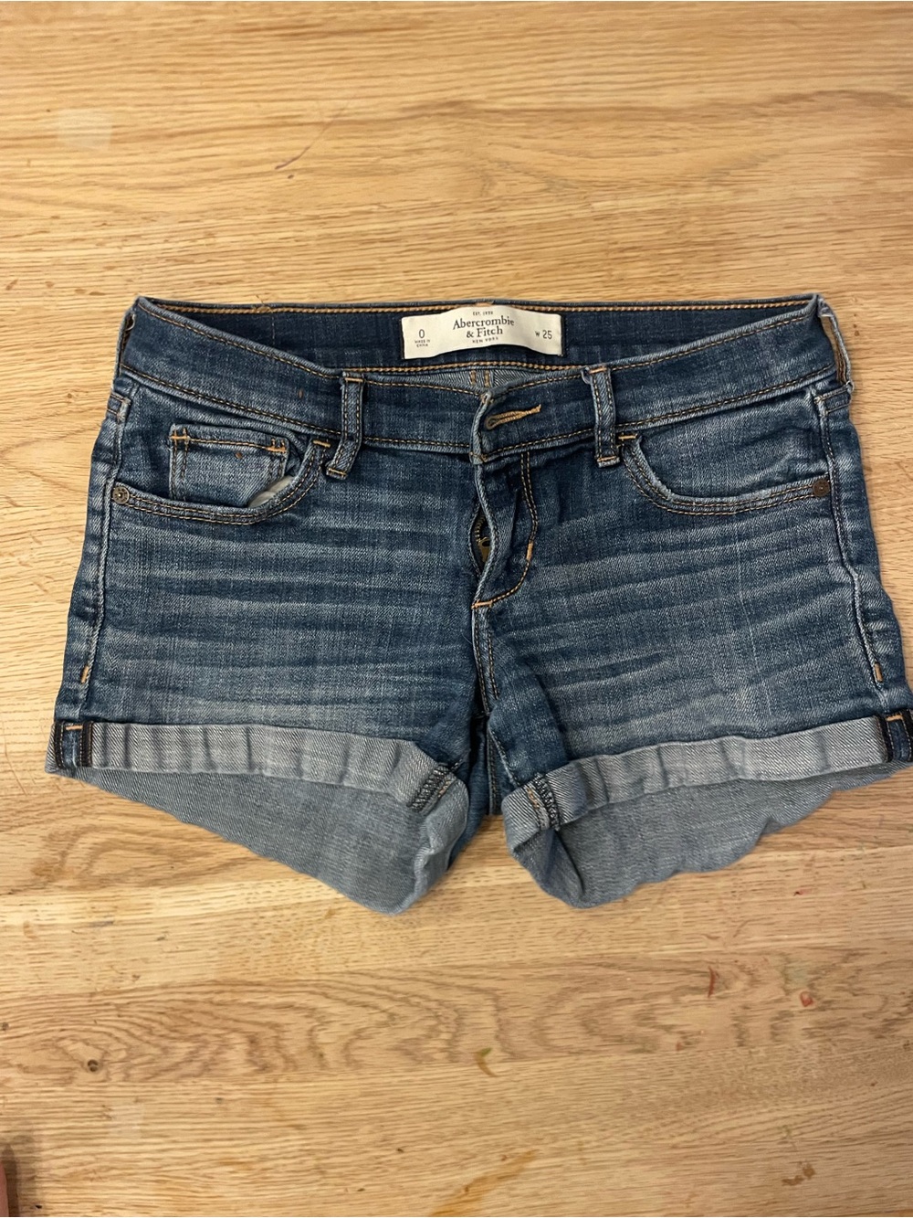 Abercrombie & Fitch Distressed Dark Blue Denim Cuffed Low Rise Shorts